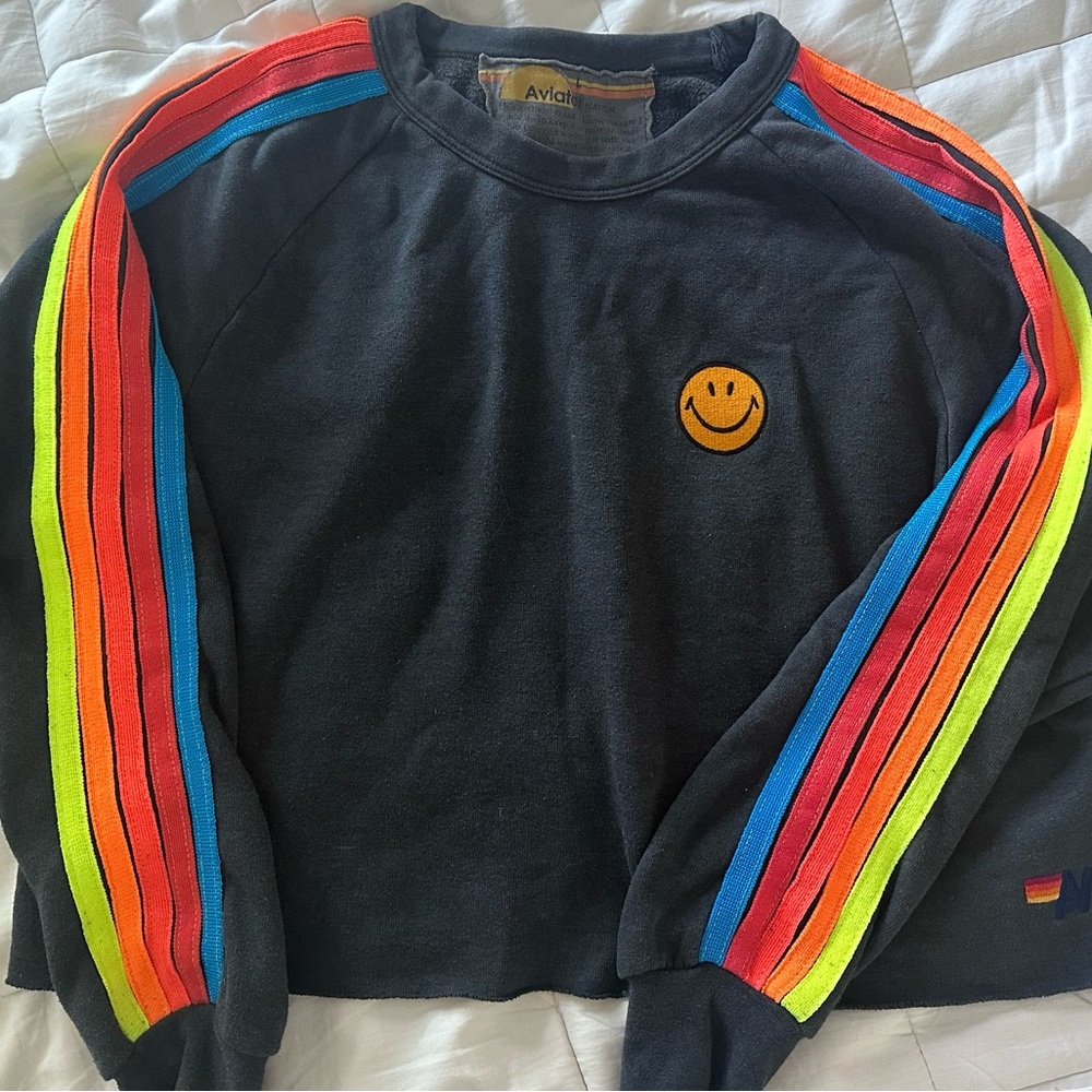 Aviator Nation Black Sweatshirt with Rainbow Stripes